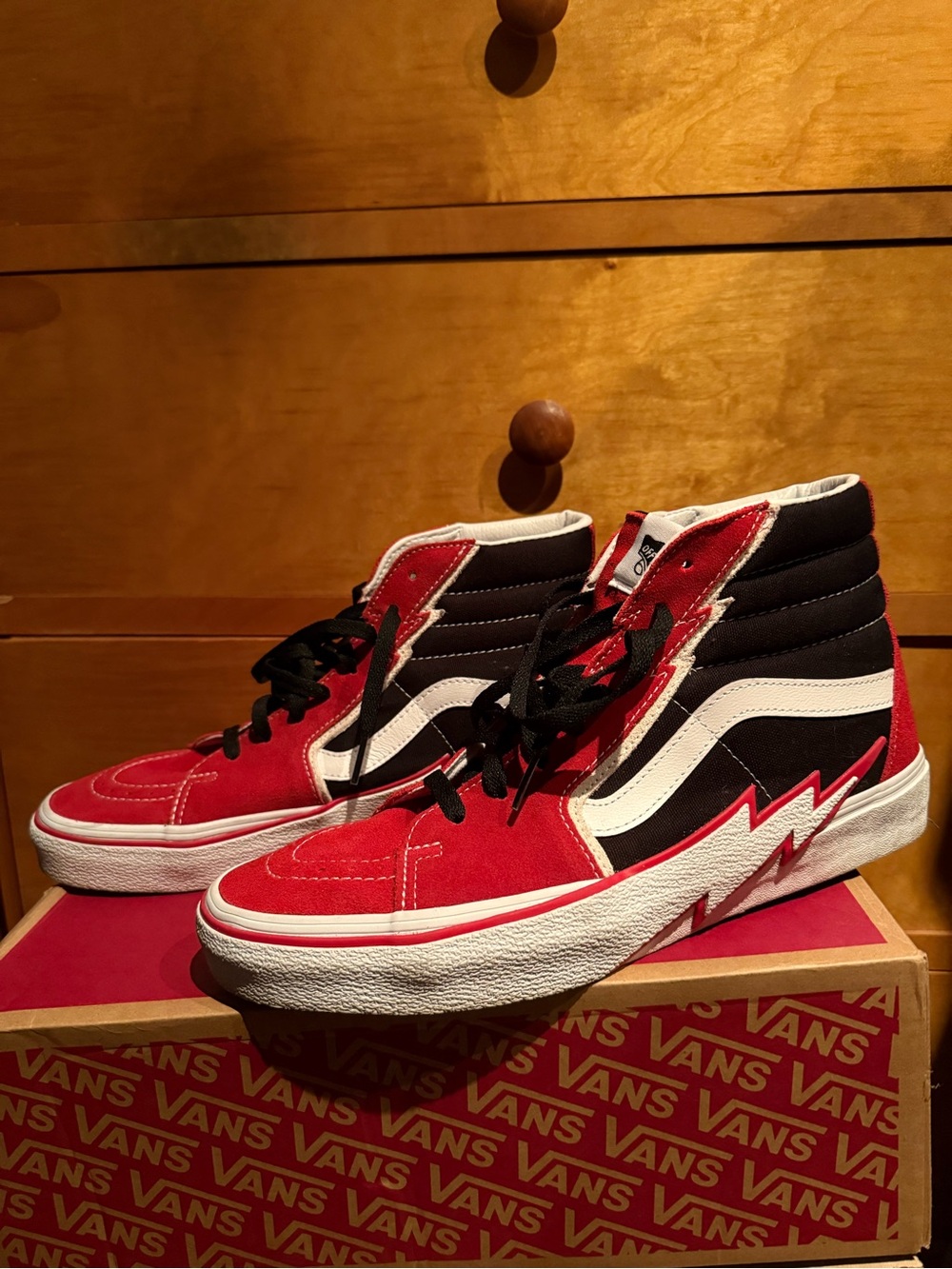 Vans Lightning Bolt Red Black White Sk8 Hi Shoes